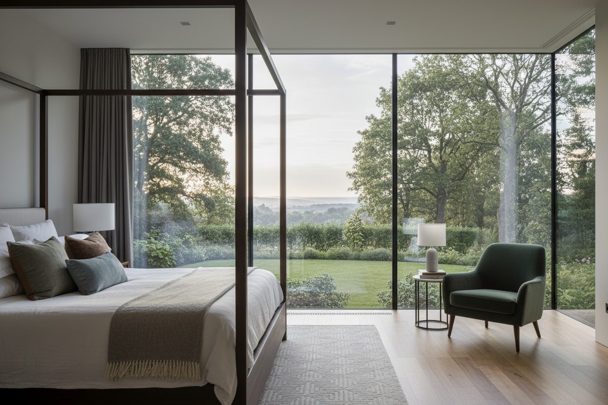 AI Generated: stylish bedroom with views onto garden and trees i